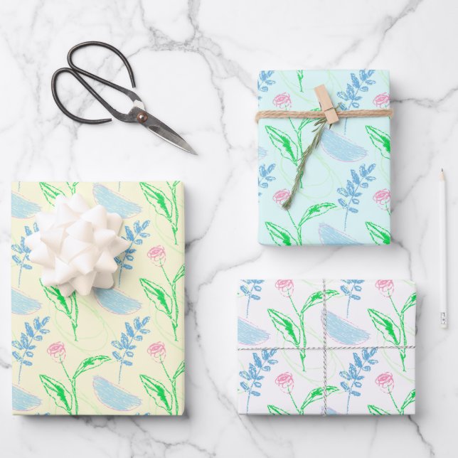 Feuille De Papier Cadeau Motif floral Pastel dessiné à la main (Recto)