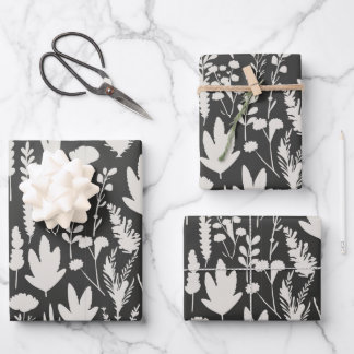 Feuille De Papier Cadeau Motif floral plantes herbes blanc et gris foncé