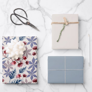 Feuille De Papier Cadeau Motif floral rétro avec fleurs roses et bordeaux