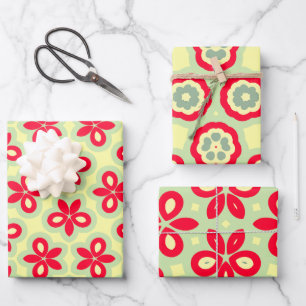 Feuille De Papier Cadeau Motif floral rétro en rouge, crème et vert menthe