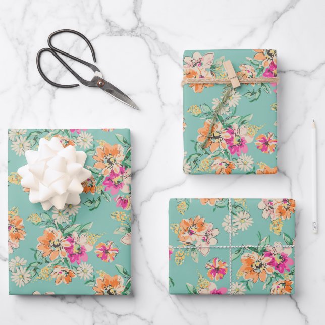 Feuille De Papier Cadeau Motif floral rose et orange (Recto)