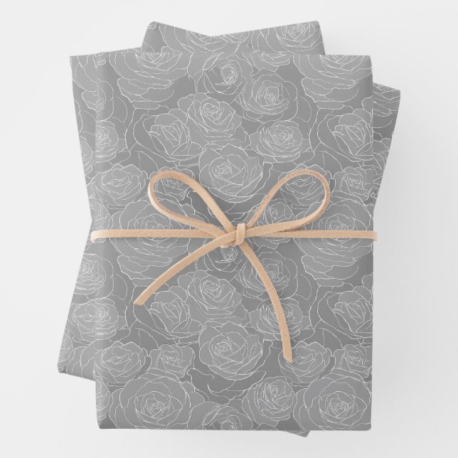 Feuille De Papier Cadeau Motif floral | Roses Grises Acier (En situation)