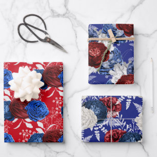 Feuille De Papier Cadeau Motif floral rouge, blanc et bleu USA