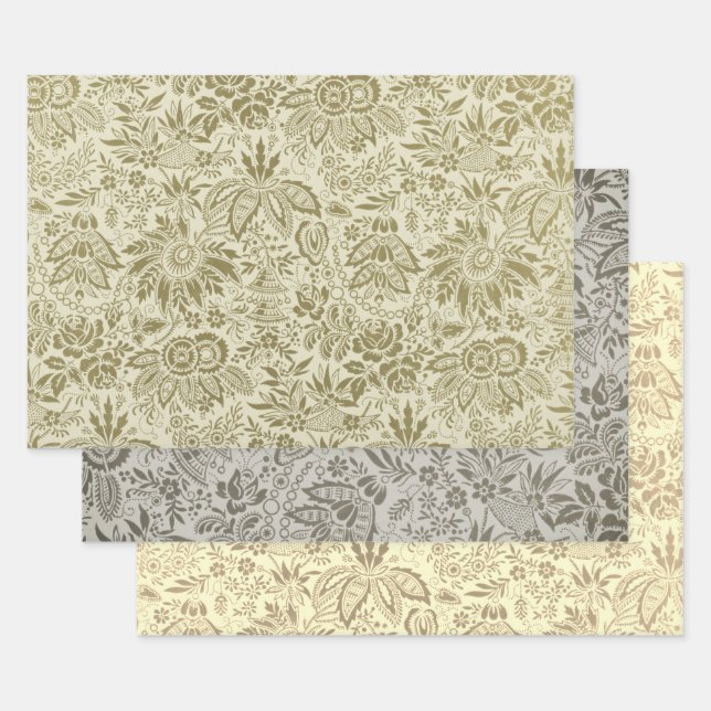 Feuille De Papier Cadeau Motif Floral Vert Sage Antique Damas (Lot)