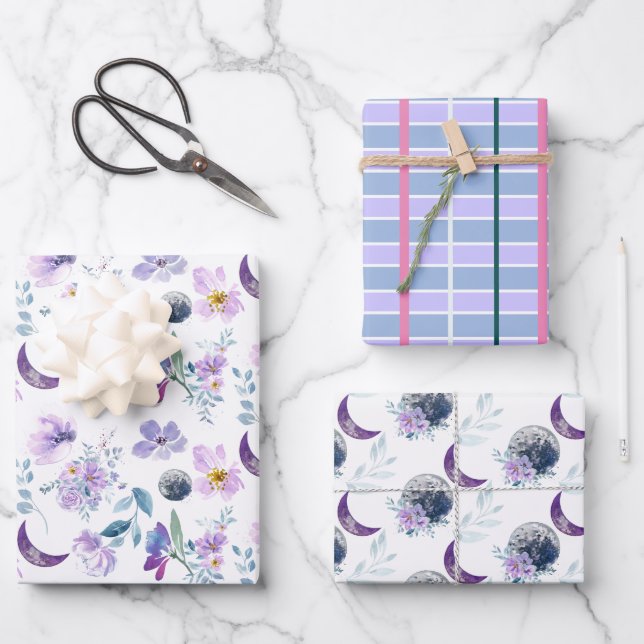 Feuille De Papier Cadeau Motif Floral Violet Avec Lune (Recto)