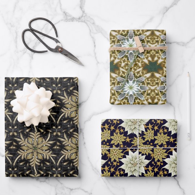 Feuille De Papier Cadeau Motif Fractal de Holiday Poinsettia (Recto)