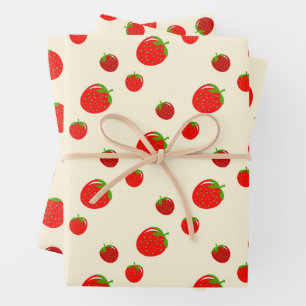Feuille De Papier Cadeau Motif fraise rouge sur rose pâle