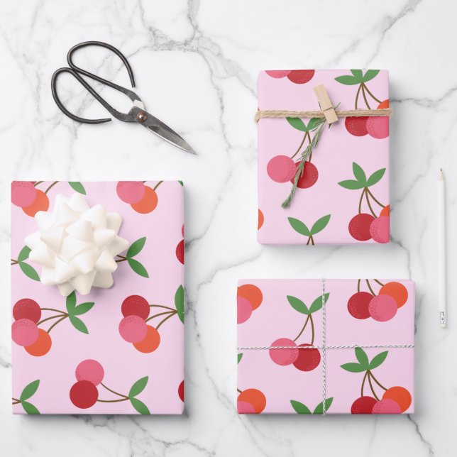 Feuille De Papier Cadeau Motif Fruit cerise en rose et rouge Personnalisé (Recto)