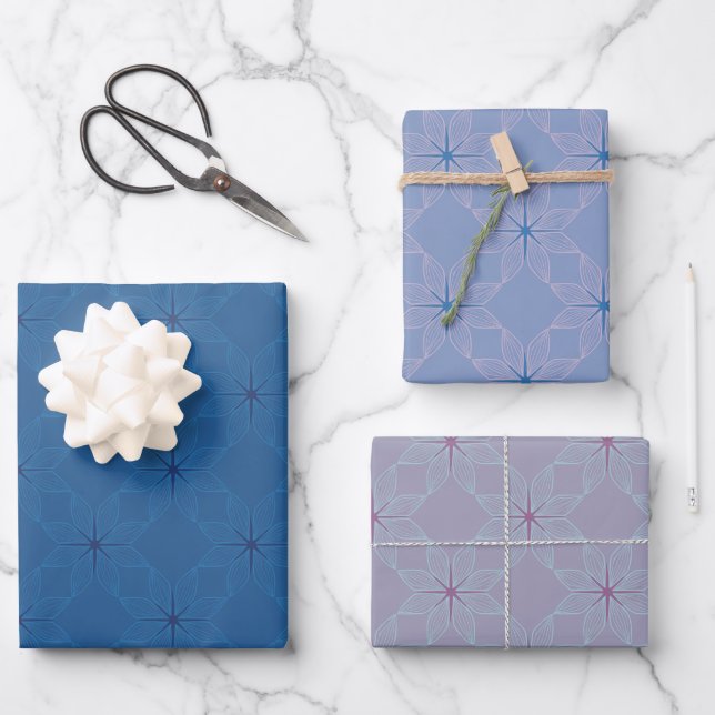 Feuille De Papier Cadeau Motif géométrique | Bleu, Pervenche et Lilas  (Recto)
