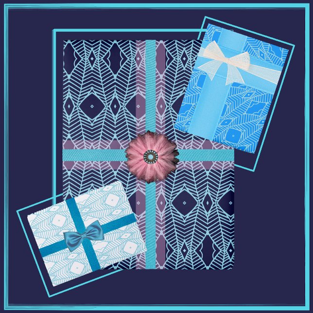 Feuille De Papier Cadeau Motif géométrique d'inspiration tribale en bleu et (Créateur téléchargé)