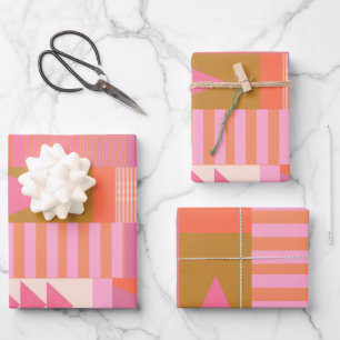 Feuille De Papier Cadeau Motif géométrique en rose et orange 