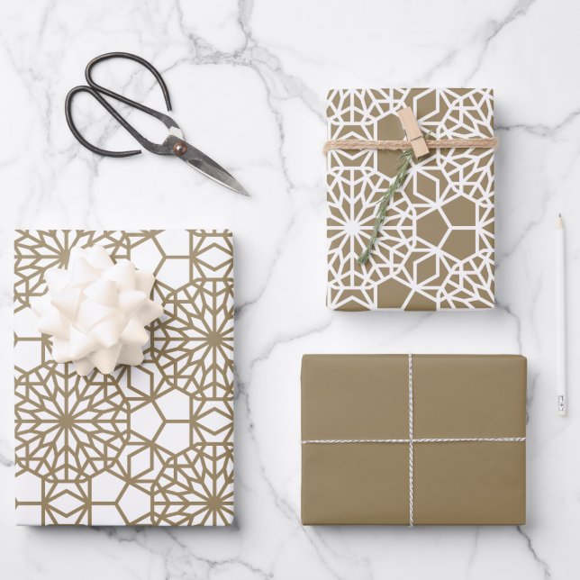 Feuille De Papier Cadeau Motif géométrique kaki arabesque (Recto)