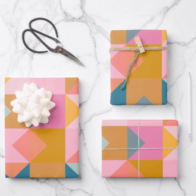 Feuille De Papier Cadeau Motif géométrique mignon en rose Turquoise et jaun (Recto)