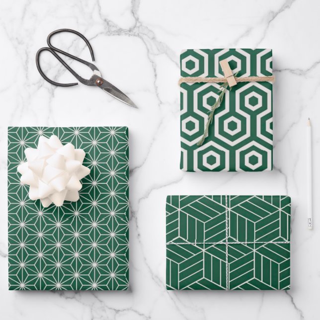 Feuille De Papier Cadeau Motif géométrique vert + blanc | (Recto)
