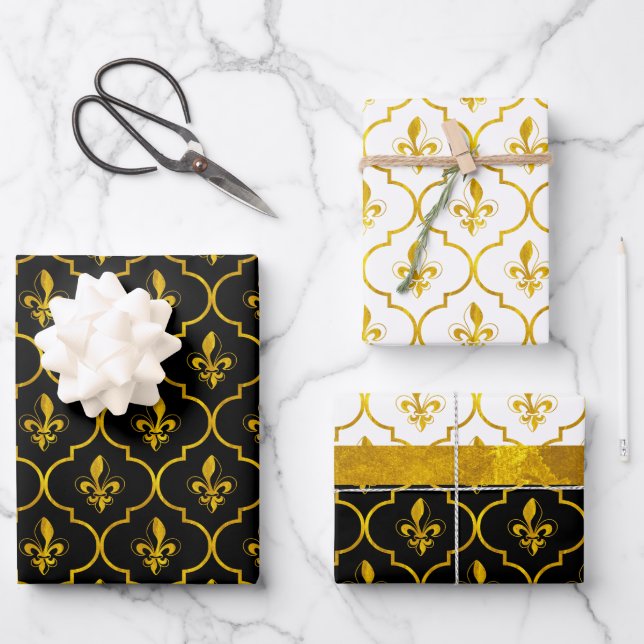 Feuille De Papier Cadeau Motif Gold Fleur de Lis Quatrefoil (Recto)