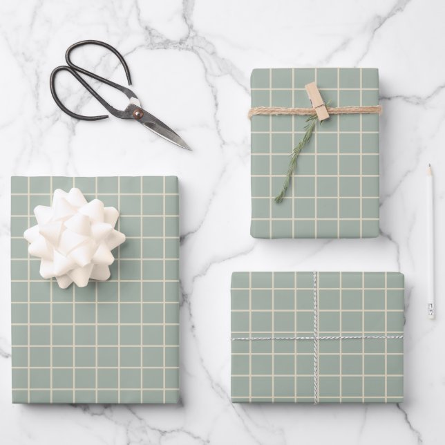 Feuille De Papier Cadeau Motif graphique Lignes Grille Vert Sage Simple (Recto)