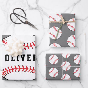 Feuille De Papier Cadeau Motif Gris Balle de Baseball Enfants Nom Anniversa