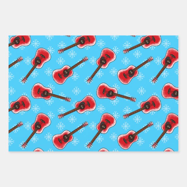Feuille De Papier Cadeau Motif guitariste de Noël acoustique (Devant)