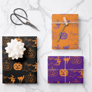 Feuille De Papier Cadeau Motif Halloween noir orange violet épouvantable