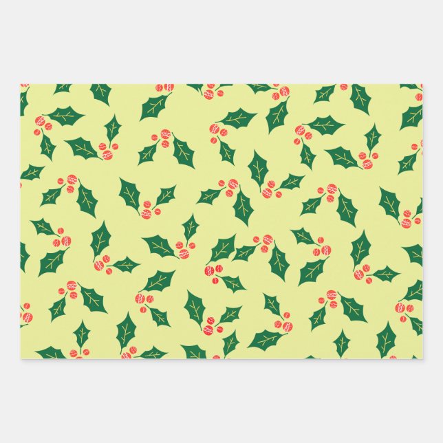 Feuille De Papier Cadeau Motif jaune vert rouge Mistletoe (Devant)