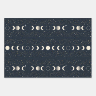 Feuille De Papier Cadeau Motif Minimaliste des Phases Lunaires avec Étoiles