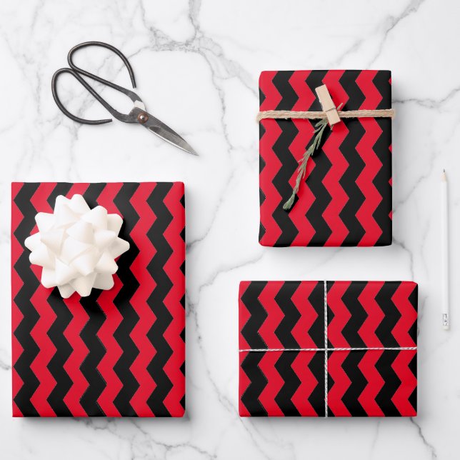 Feuille De Papier Cadeau Motif moderne Chevron noir et rouge (Recto)