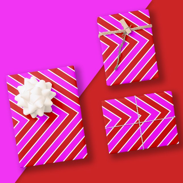 Feuille De Papier Cadeau Motif moderne en bande rouge rose chaud (Créateur téléchargé)