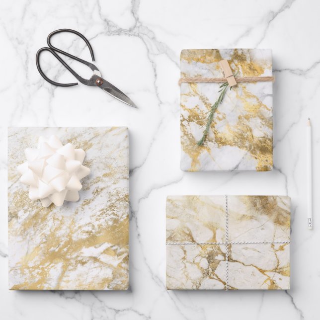 Feuille De Papier Cadeau Motif moderne en marbre blanc et or (Recto)