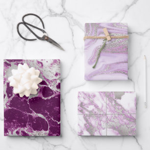 Feuille De Papier Cadeau Motif moderne en marbre violet, blanc et argent