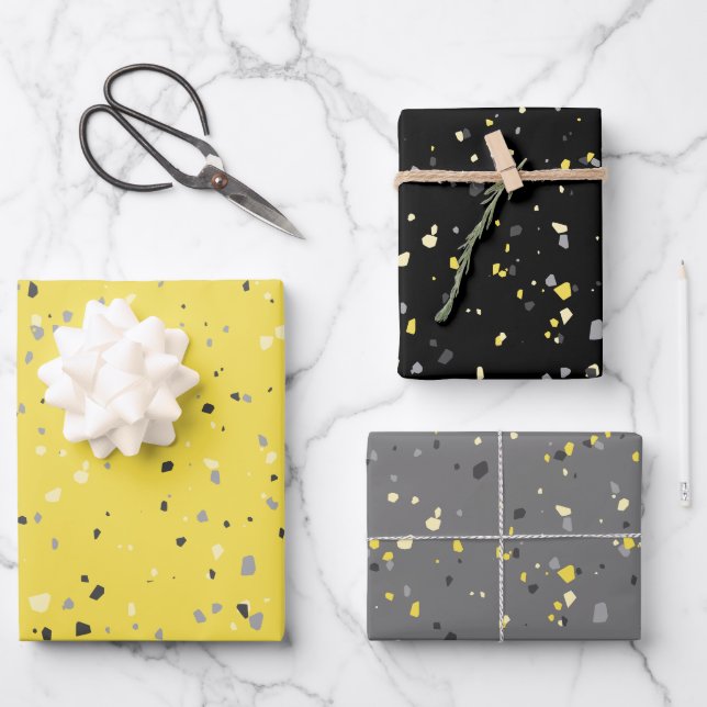 Feuille De Papier Cadeau Motif moderne gris-jaune Terrazzo (Recto)