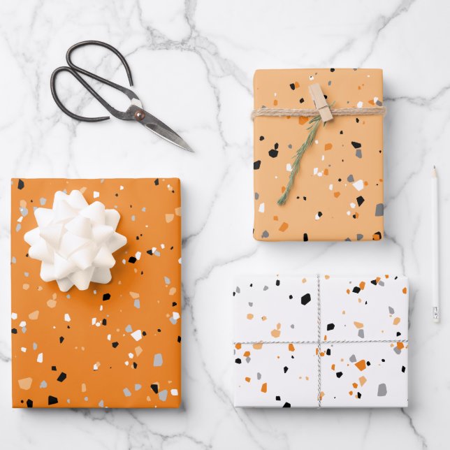 Feuille De Papier Cadeau Motif moderne Orange Terrazzo (Recto)