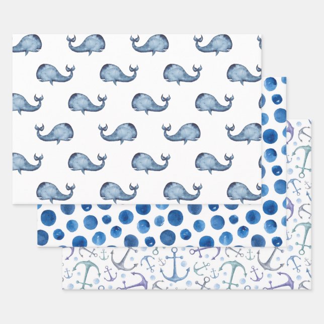 Feuille De Papier Cadeau Motif nautique bleu aquarelle. Baleine, point de p (Lot)