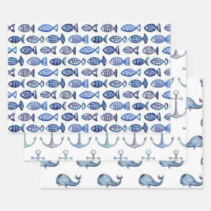 Feuille De Papier Cadeau Motif nautique bleu aquarelle. Poisson, baleine
