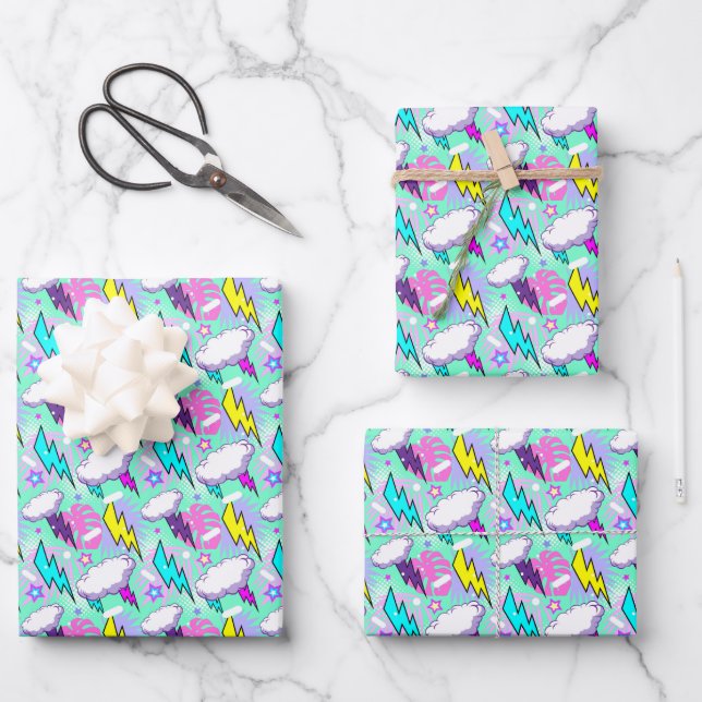 Feuille De Papier Cadeau Motif Neon Lightning Bolts & Stars (Recto)