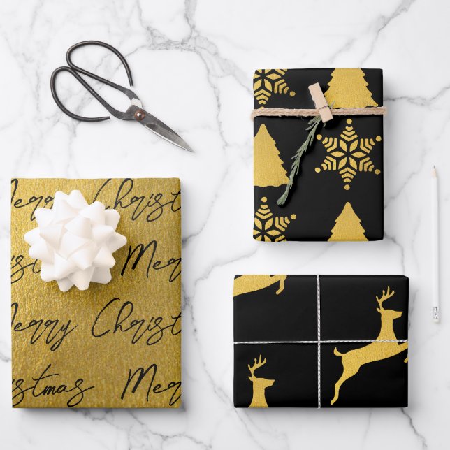 Feuille De Papier Cadeau Motif Noir & Or Noël (Recto)