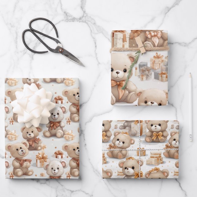 Feuille De Papier Cadeau Motif Nounours de Noël de coeur (Recto)