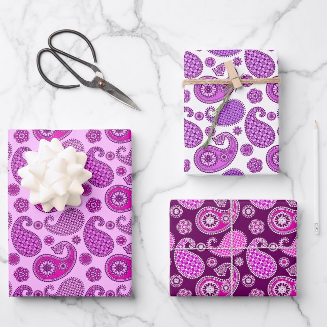 Feuille De Papier Cadeau Motif Paisley, Tons d'orchidée et violet (Recto)
