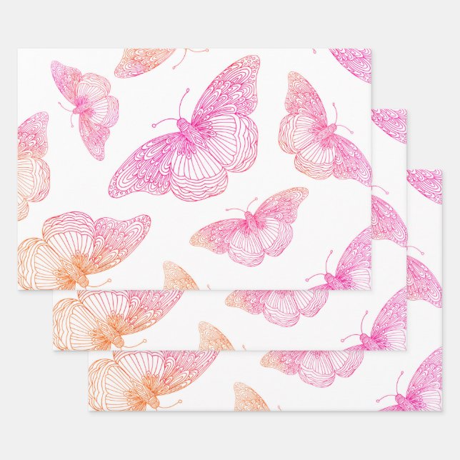 Feuille De Papier Cadeau Motif papillon rose orange (Lot)