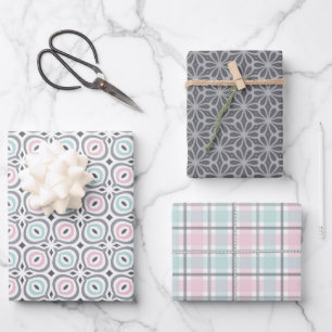 Feuille De Papier Cadeau Motif pastel de forme géométrique grise, rose et v
