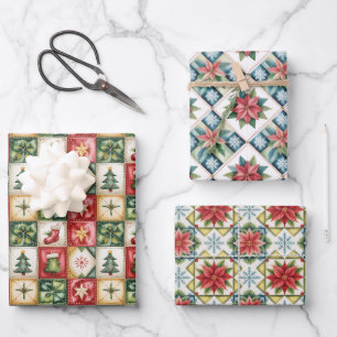 Feuille De Papier Cadeau Motif patchwork classique rouge et vert de Noël