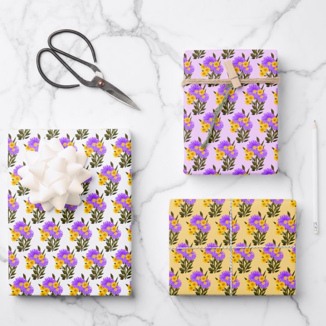 Feuille De Papier Cadeau Motif photo Fleur sauvage jaune violet (Recto)