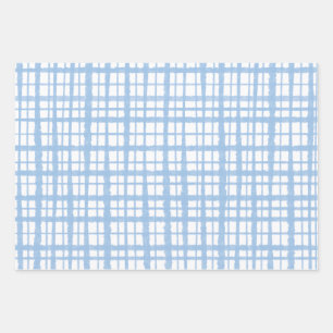 Feuille De Papier Cadeau Motif Plaid Peint Rétro en Bleu Bébé et Blanc