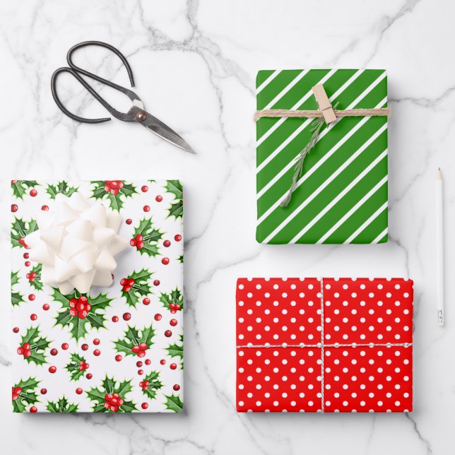Feuille De Papier Cadeau Motif Pois Holiday Green Holly Red Berries (Recto)