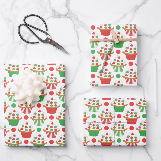 Feuille De Papier Cadeau Motif Red Green Christmas Cupcakes (Recto)