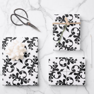 Feuille De Papier Cadeau Motif rococo noir et blanc classique de Noël 