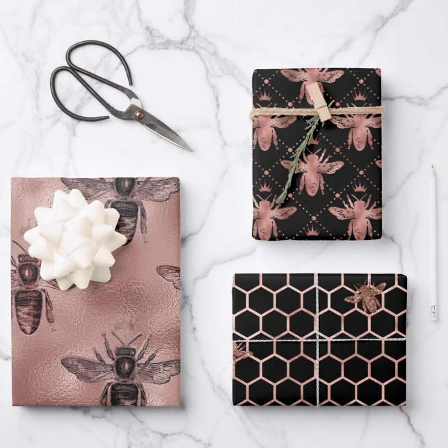 Feuille De Papier Cadeau Motif rose Gold Bee (Recto)