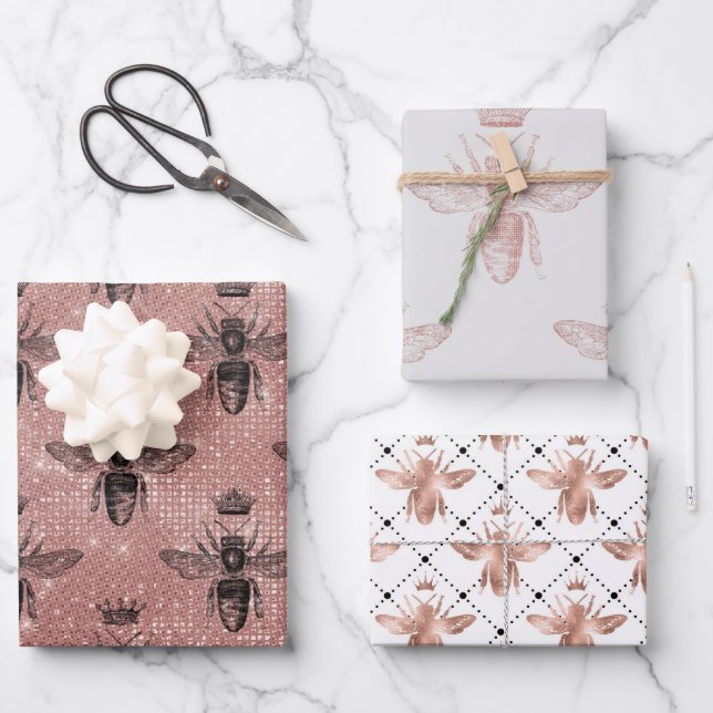 Feuille De Papier Cadeau Motif rose Gold Bee (Recto)