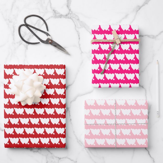 Feuille De Papier Cadeau Motif rouge fuchsia rose double coeur (Recto)