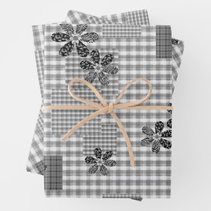 Feuille De Papier Cadeau Motif rustique en patchwork noir et blanc rétro