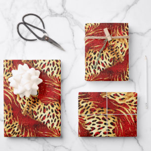 Feuille De Papier Cadeau Motif Safari Animal Fur Prints Rouge et Or
